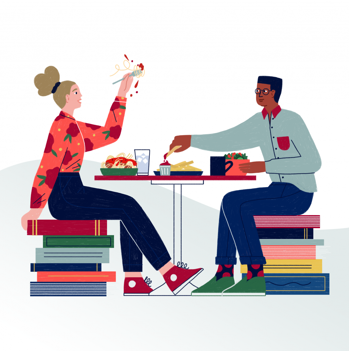illustration of students eating sitting on books