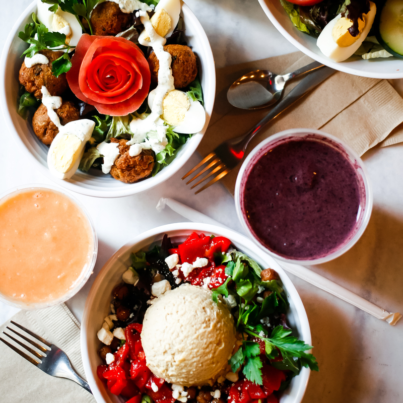 Falafel, salads and smoothies