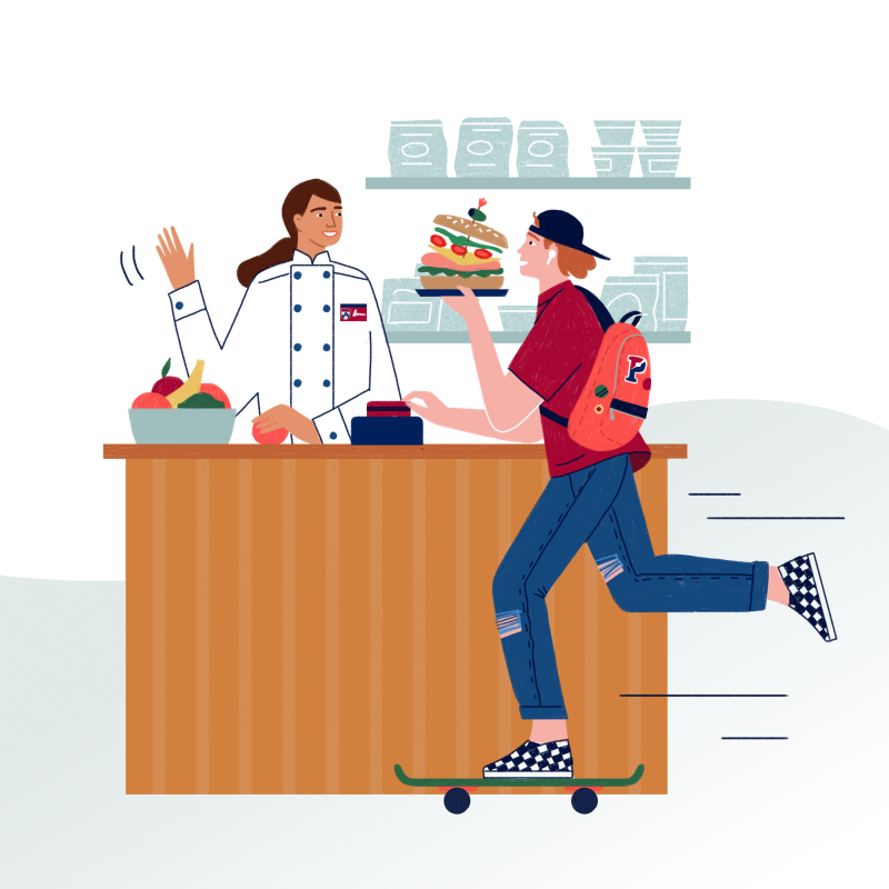 Illustration of student skateboarding with sandwich to cashier